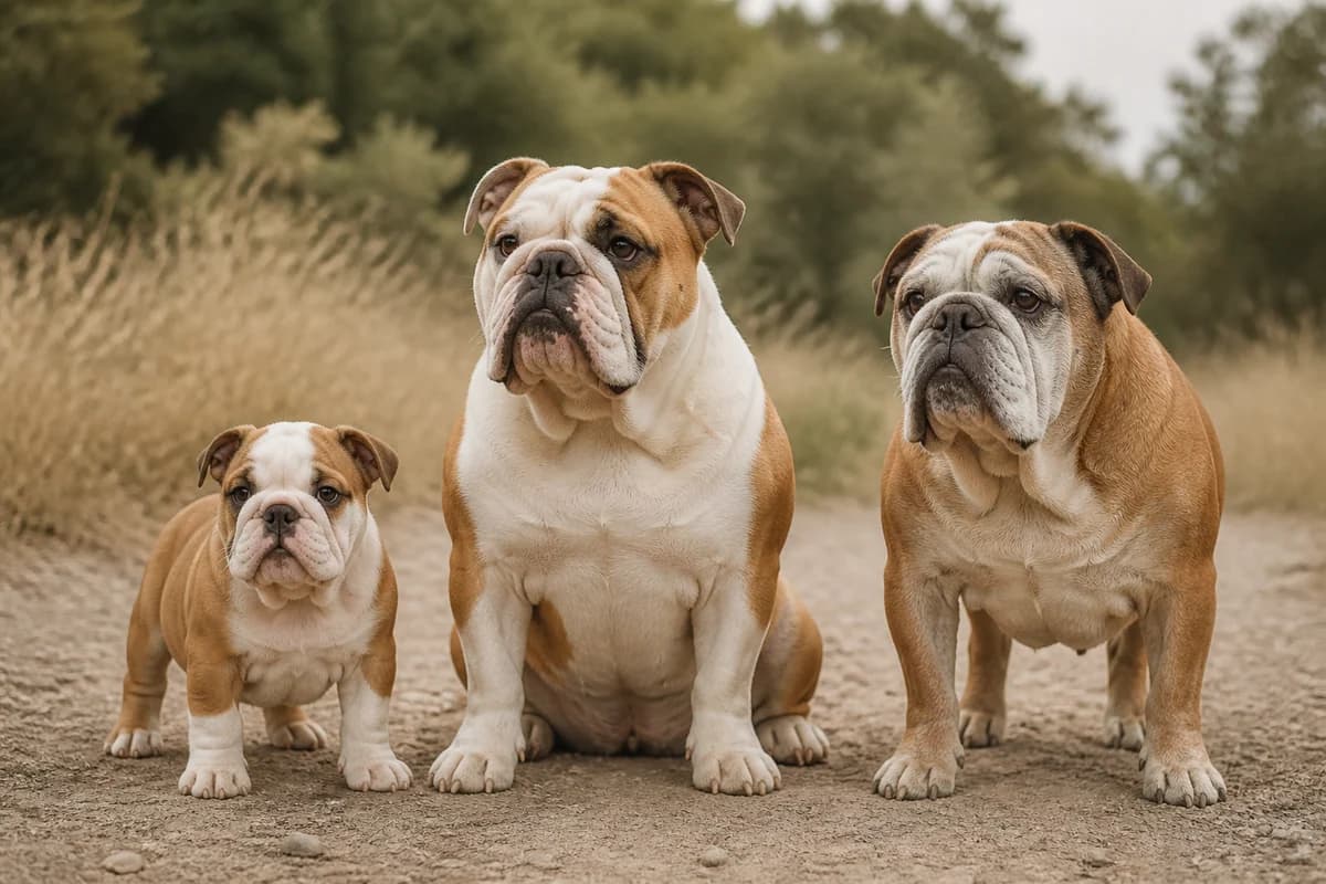 Portrait de trois bulldog anglais : un chiot, un adulte et un chien âgé
