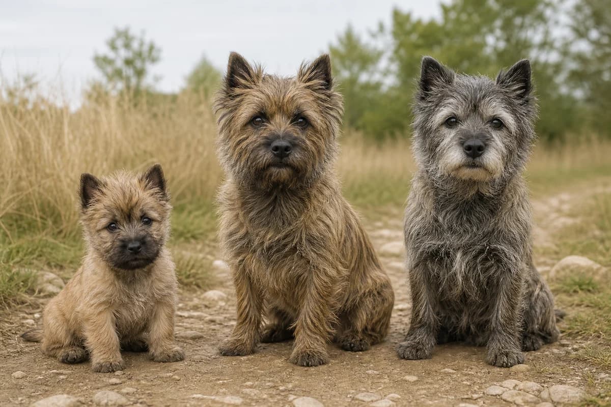 Portrait de trois cairn terrier : un chiot, un adulte et un chien âgé
