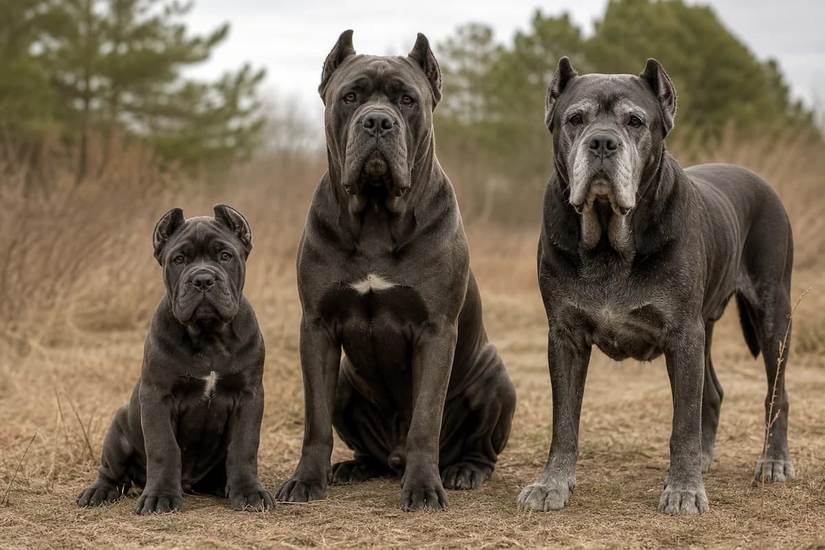 Portrait de trois cane corso : un chiot, un adulte et un chien âgé