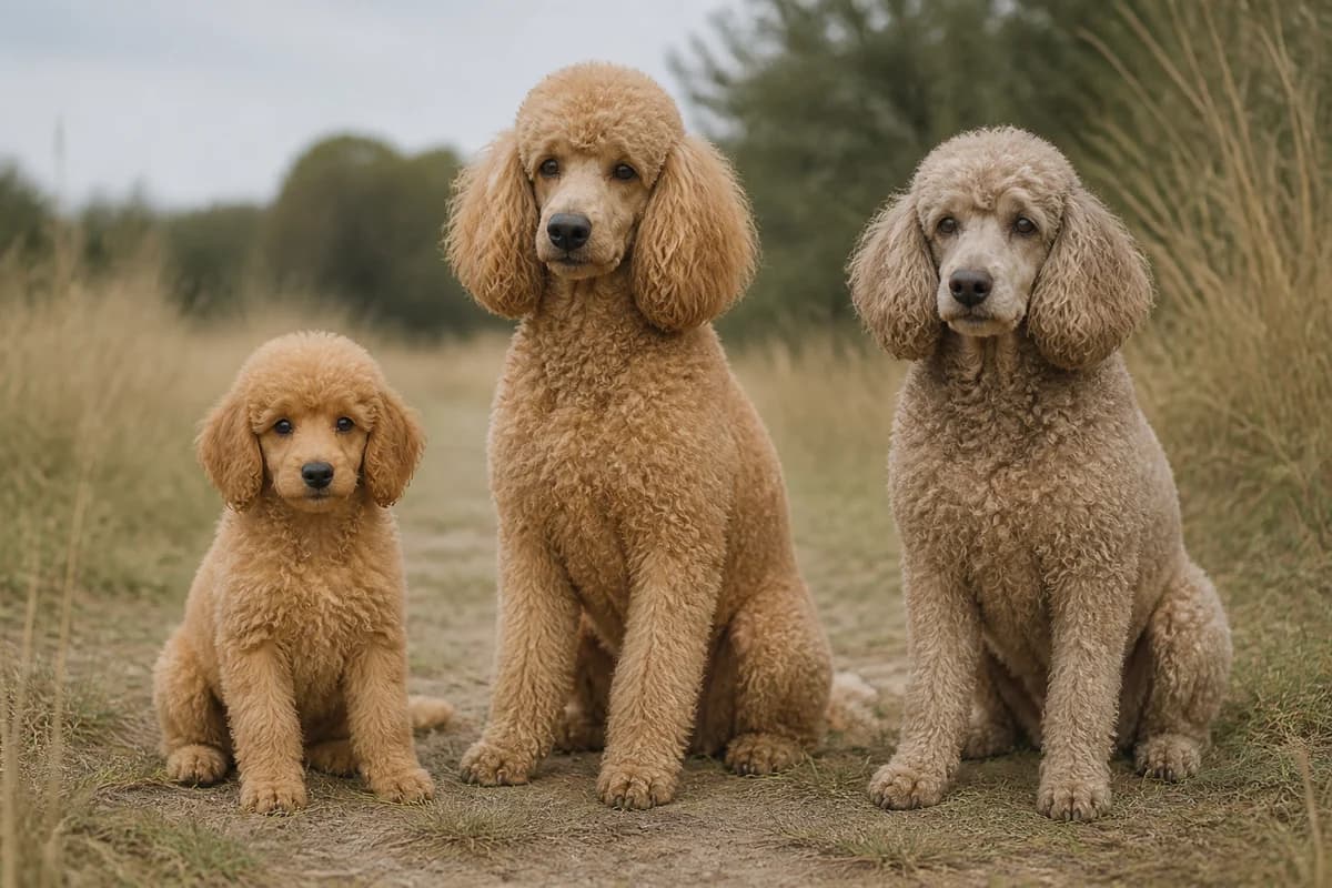 Portrait de trois caniche moyen : un chiot, un adulte et un chien âgé