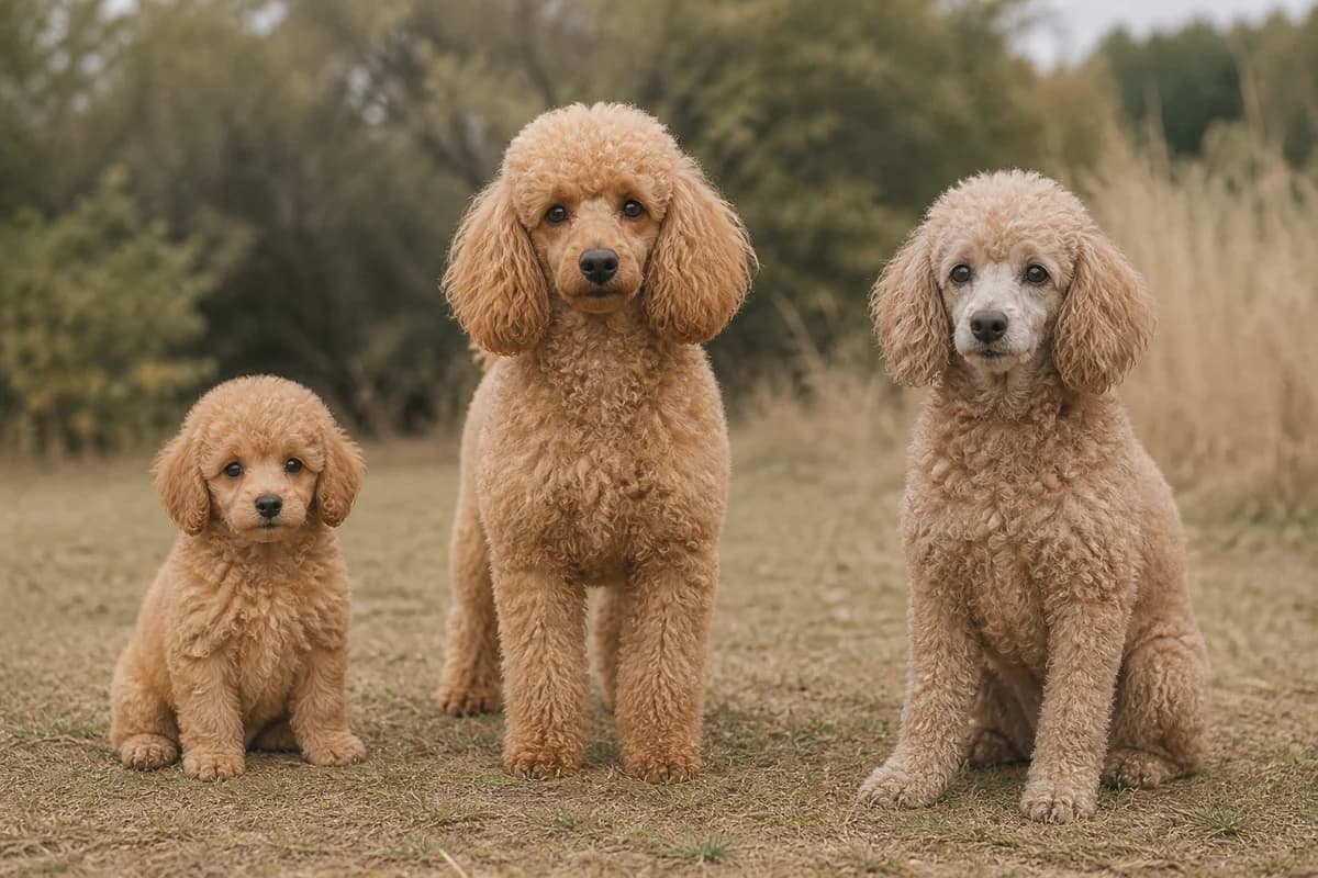 Portrait de trois caniche nain : un chiot, un adulte et un chien âgé