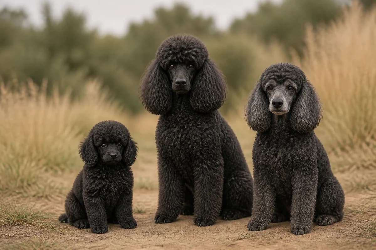 Portrait de trois caniche royal : un chiot, un adulte et un chien âgé