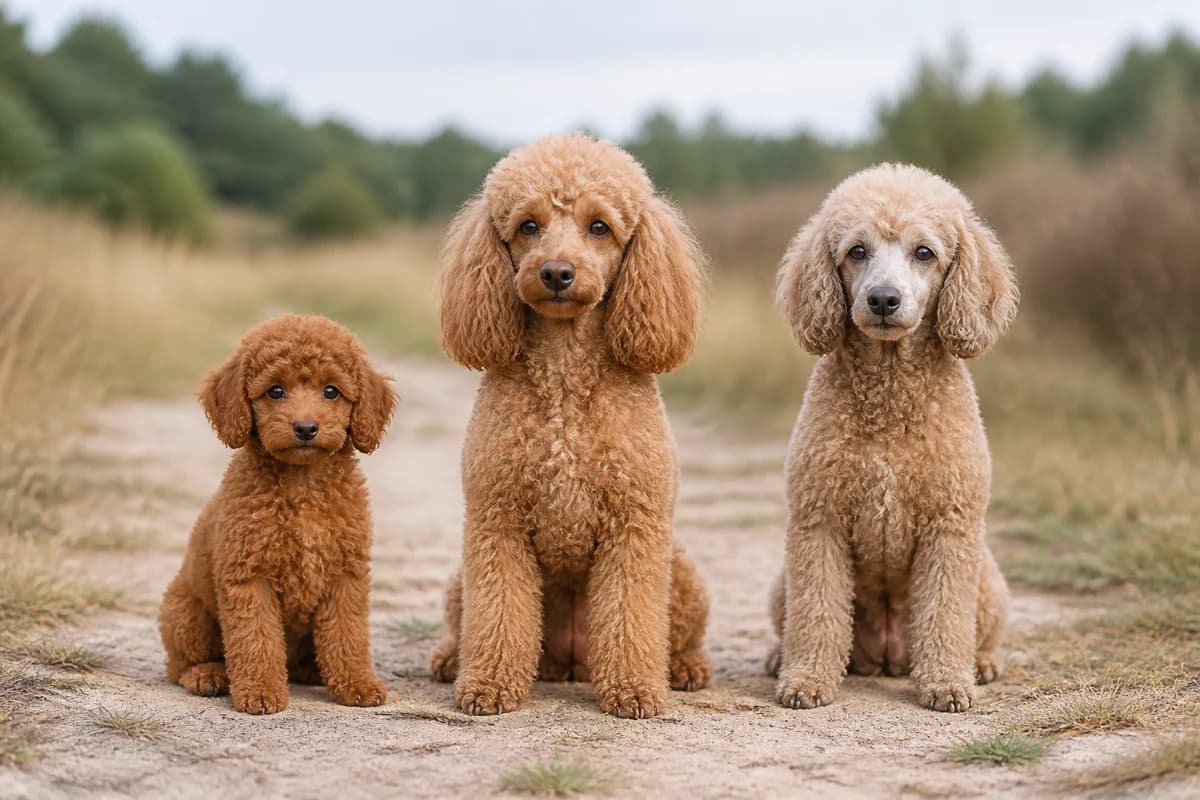 Portrait de trois caniche toy : un chiot, un adulte et un chien âgé