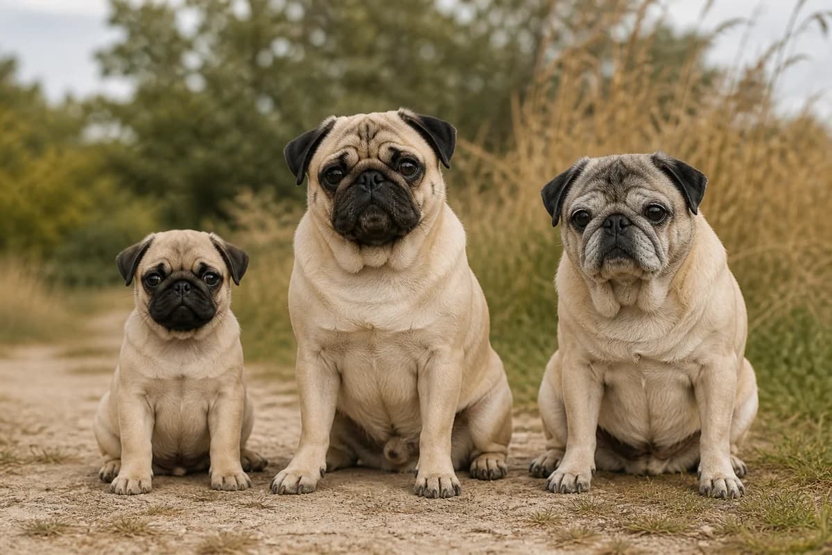 Portrait de trois carlin : un chiot, un adulte et un chien âgé