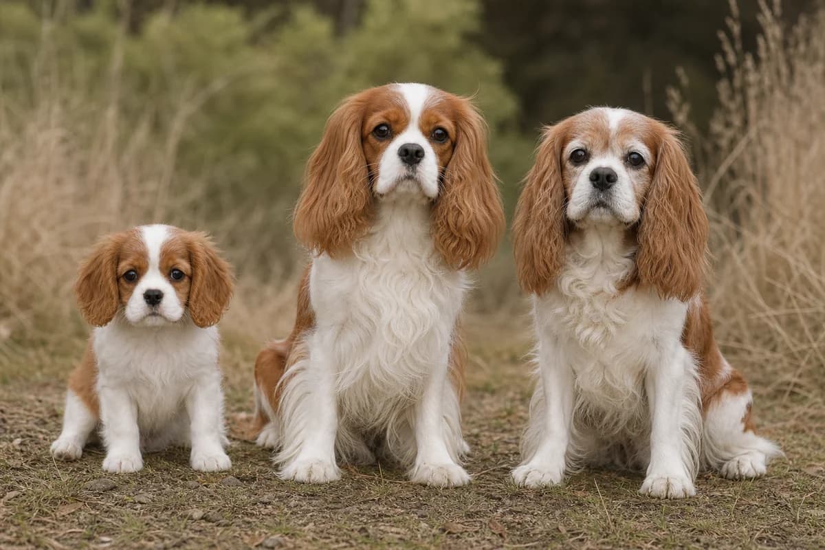 Portrait de trois cavalier king charles : un chiot, un adulte et un chien âgé