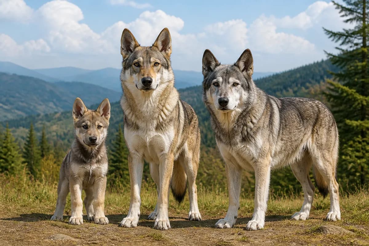 Portrait de trois chien-loup tchécoslovaque : un chiot, un adulte et un chien âgé