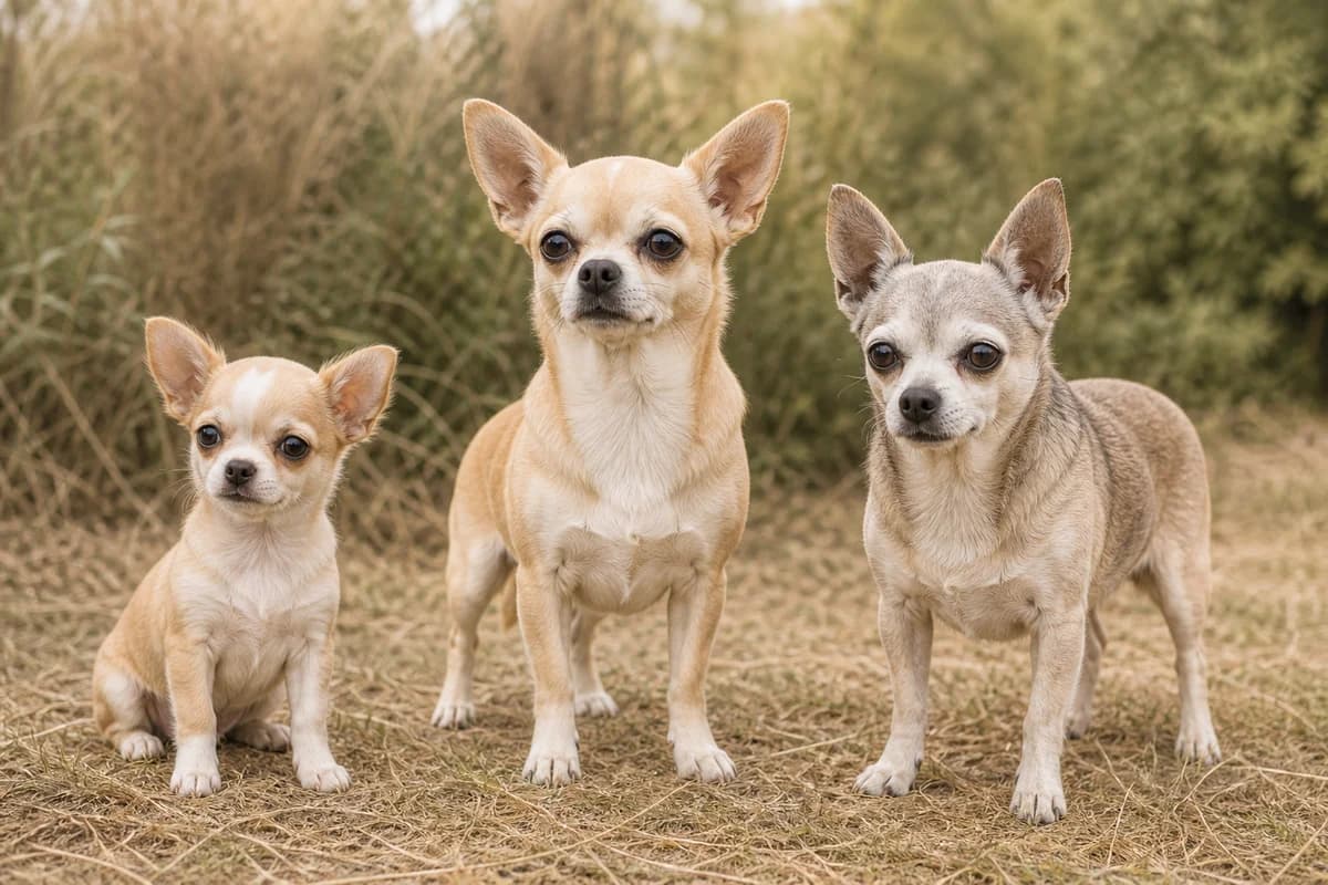 Portrait de trois chihuahua : un chiot, un adulte et un chien âgé