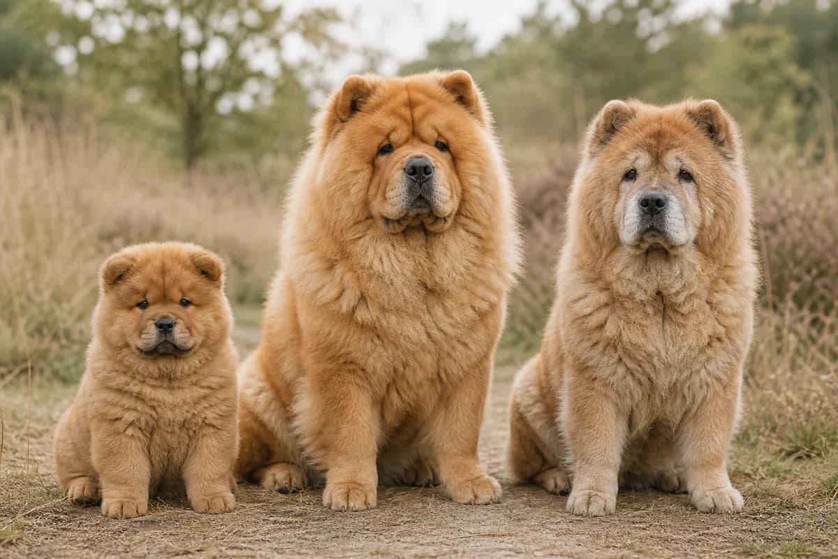 Portrait de trois chow-chow : un chiot, un adulte et un chien âgé