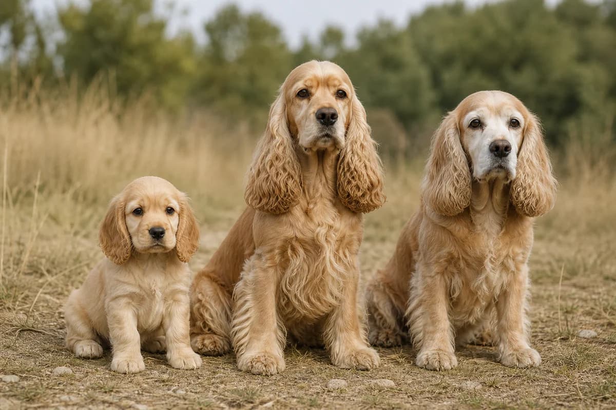Portrait de trois cocker américain : un chiot, un adulte et un chien âgé