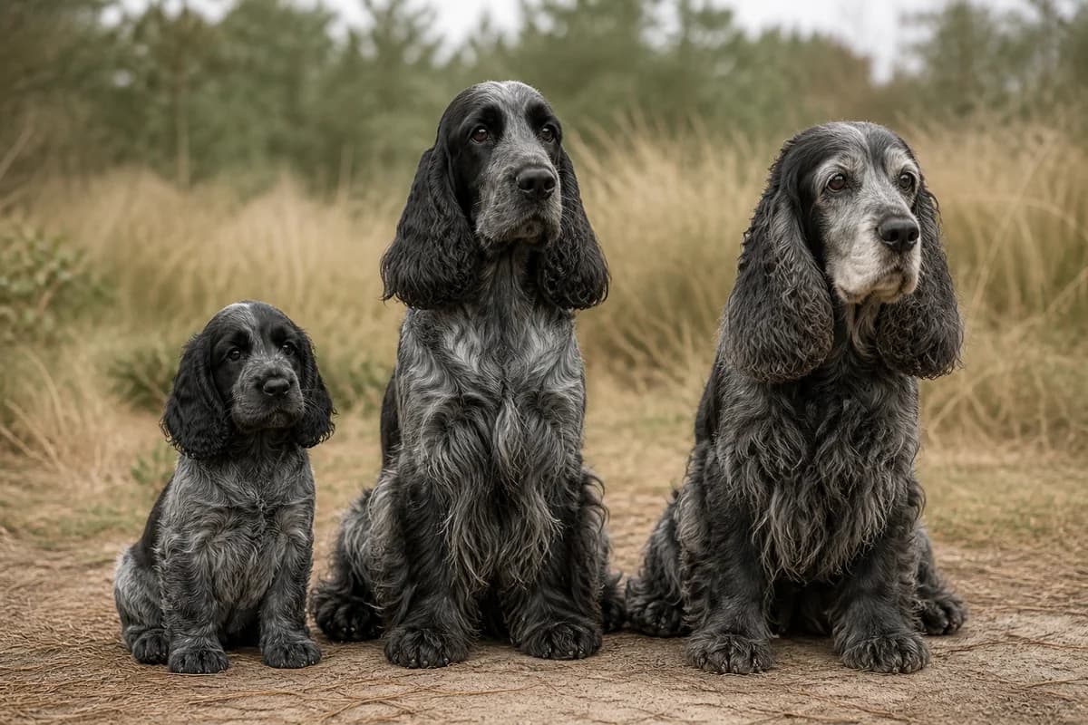 Portrait de trois cocker spaniel anglais : un chiot, un adulte et un chien âgé