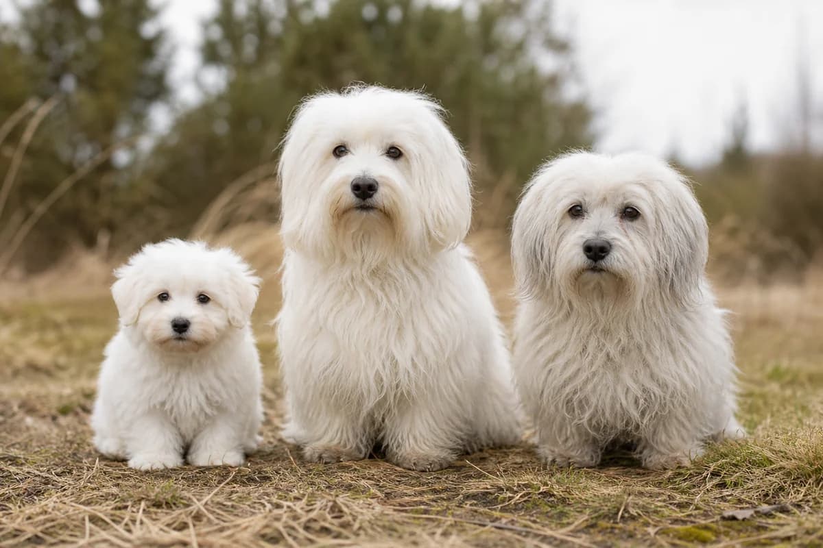 Portrait de trois coton de tuléar : un chiot, un adulte et un chien âgé