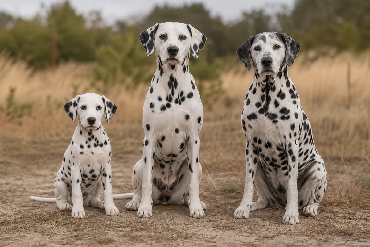 Portrait de trois dalmatien : un chiot, un adulte et un chien âgé