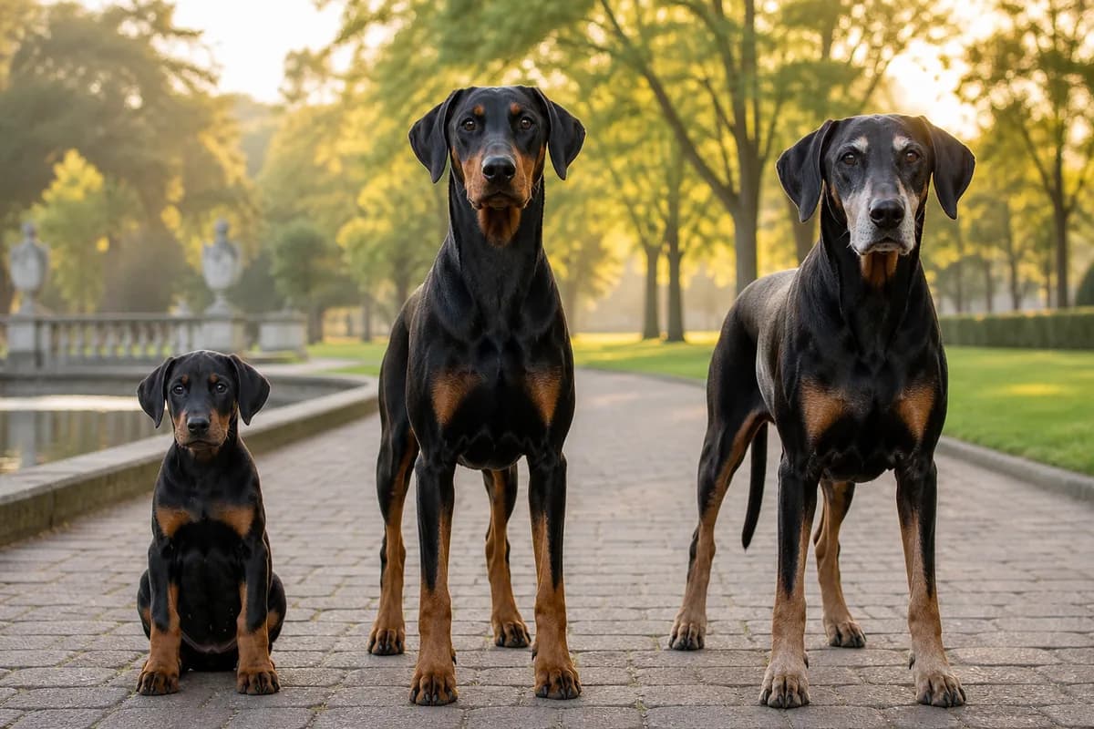 Portrait de trois dobermann : un chiot, un adulte et un chien âgé