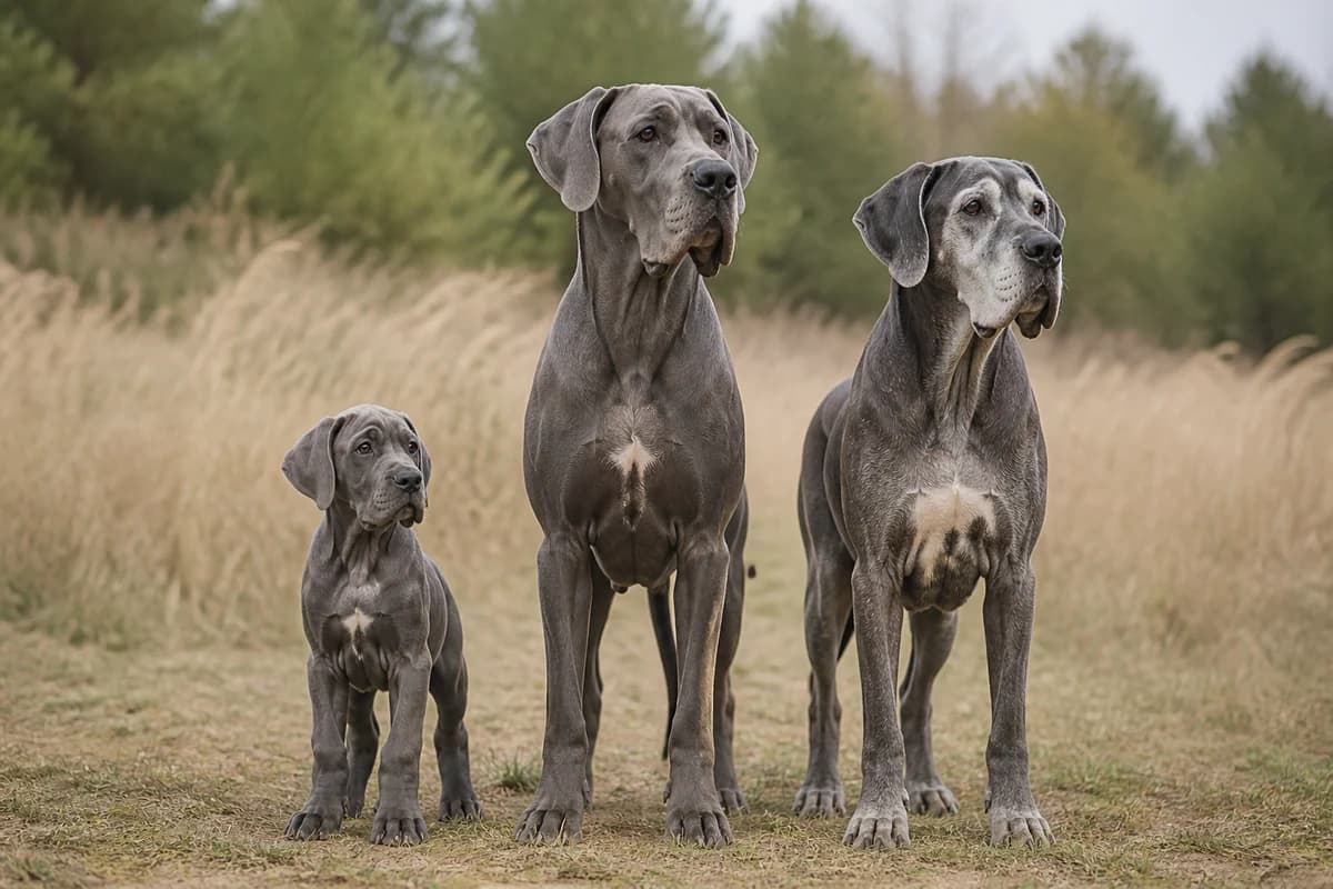 Portrait de trois dogue allemand : un chiot, un adulte et un chien âgé