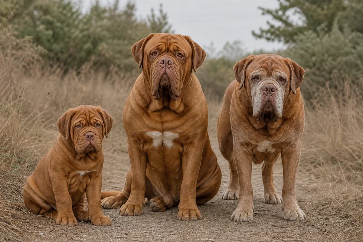 Portrait de trois dogue de bordeaux : un chiot, un adulte et un chien âgé