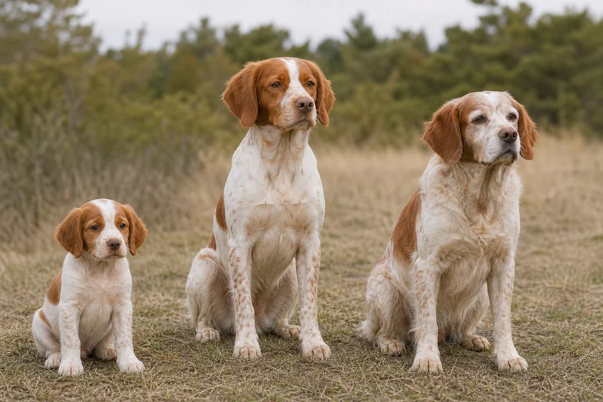 Portrait de trois épagneul breton : un chiot, un adulte et un chien âgé