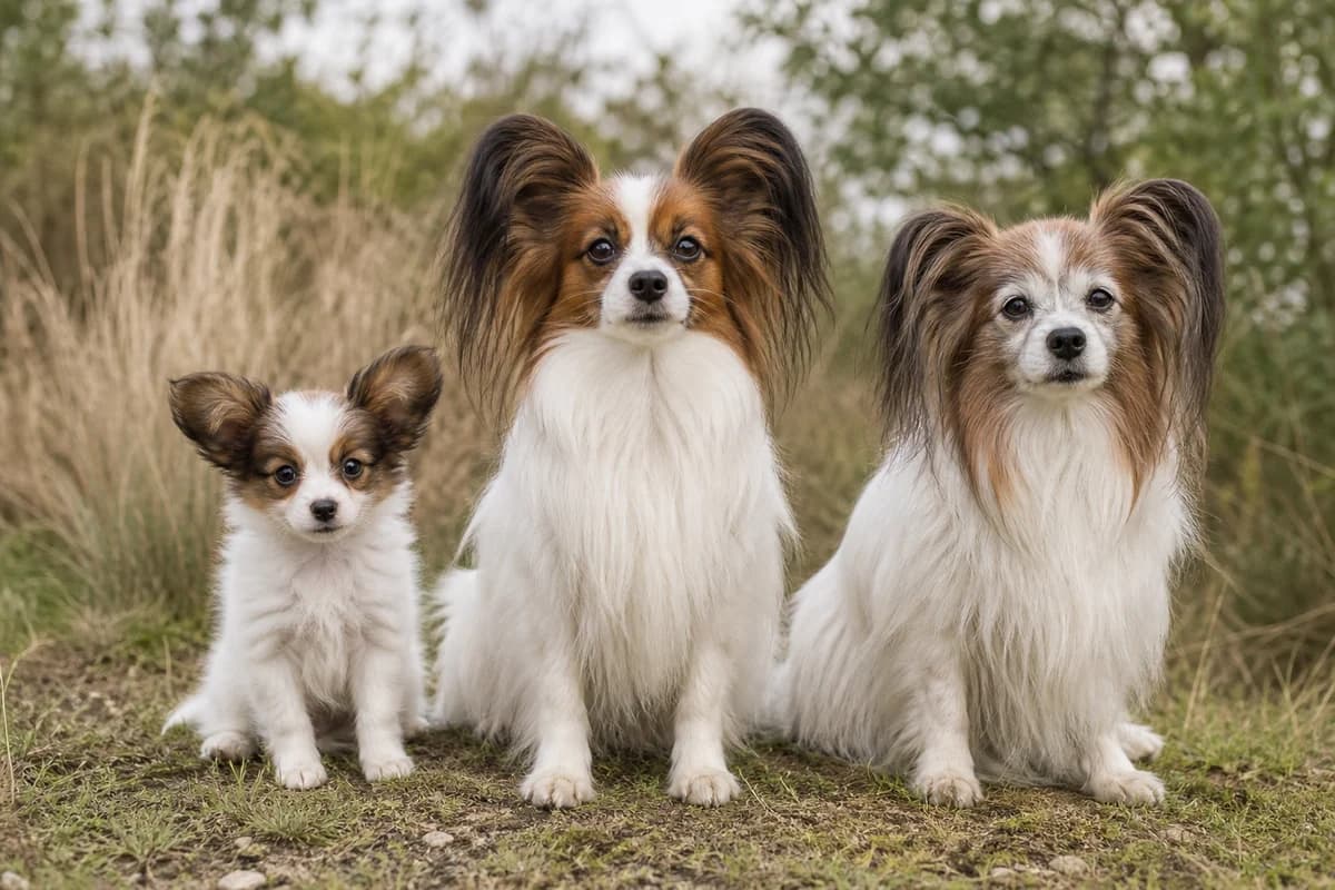 Portrait de trois épagneul papillon : un chiot, un adulte et un chien âgé