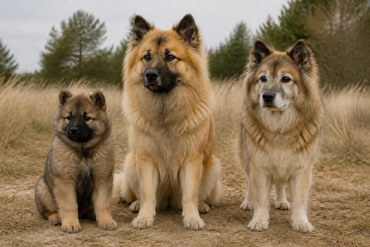Portrait de trois eurasier : un chiot, un adulte et un chien âgé