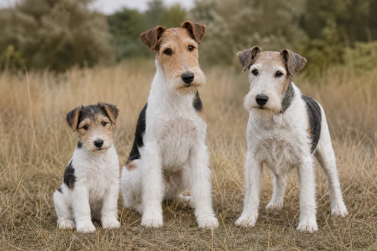 Portrait de trois fox-terrier : un chiot, un adulte et un chien âgé