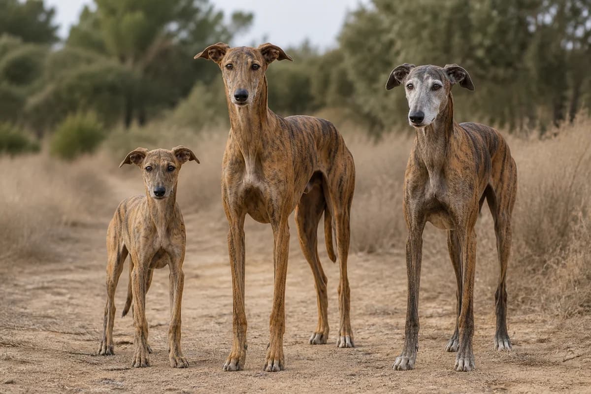 Portrait de trois galgo espagnol : un chiot, un adulte et un chien âgé