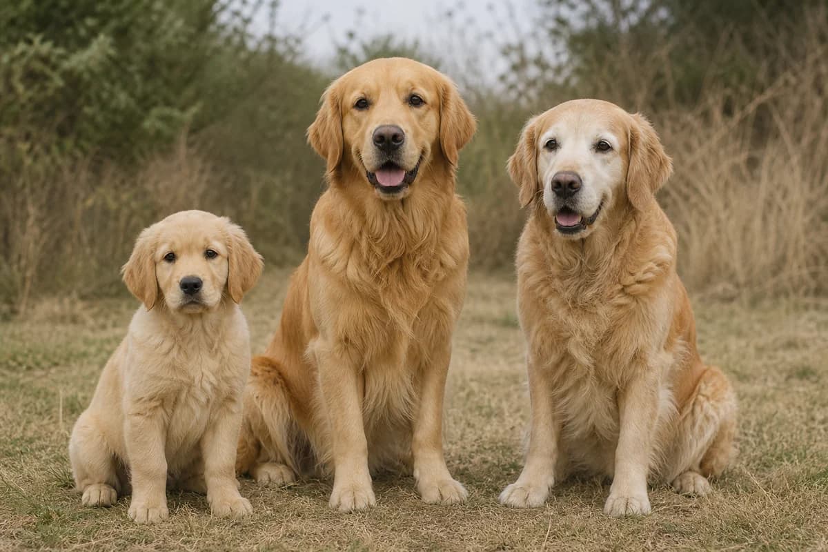 Portrait de trois golden retriever : un chiot, un adulte et un chien âgé