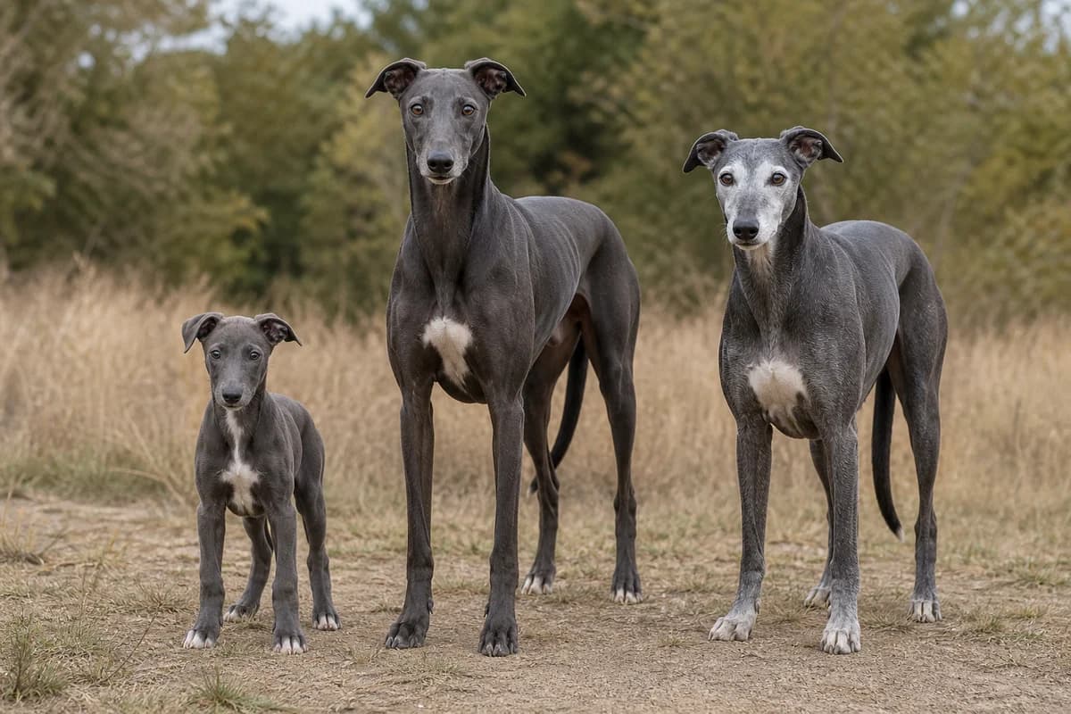 Portrait de trois greyhound : un chiot, un adulte et un chien âgé