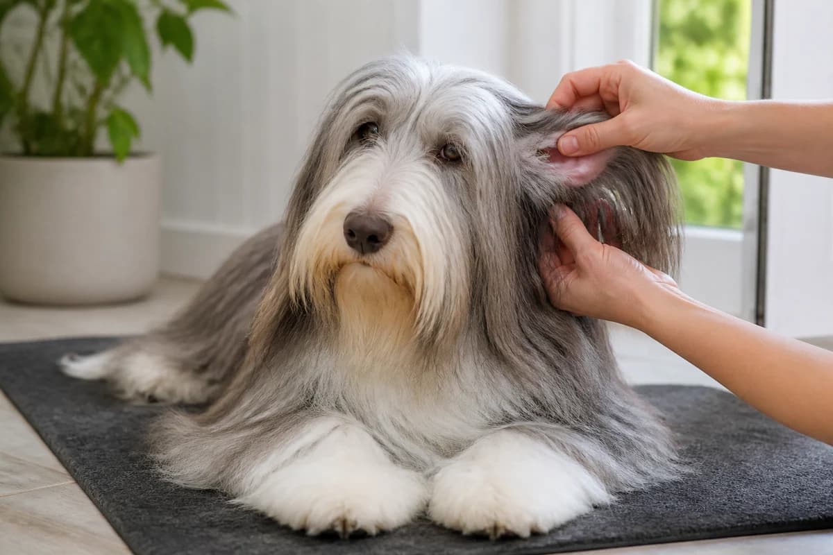 Portrait rapproché d’un bearded collie pour illustrer le pelage et les soins courants