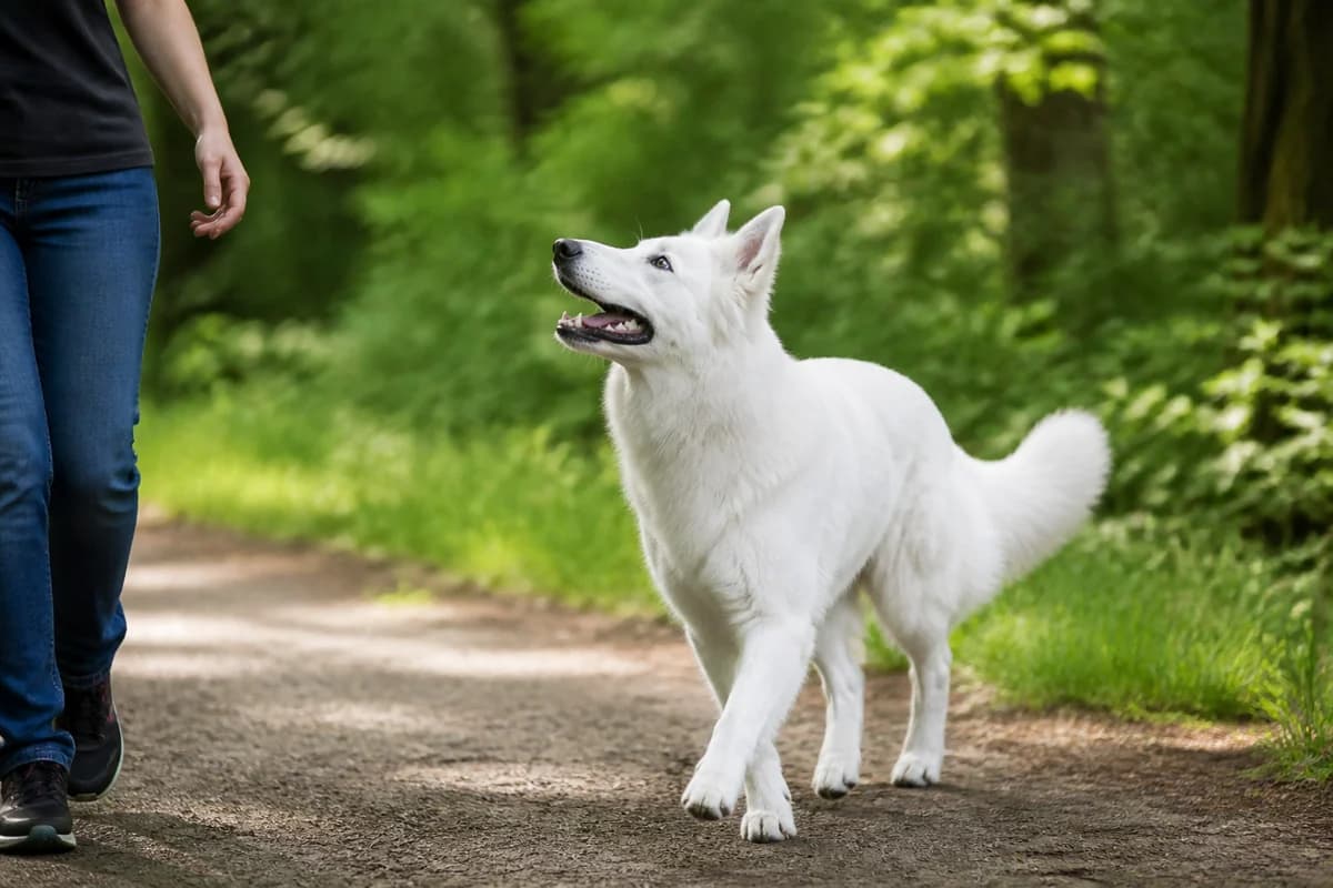 Berger blanc suisse observé pendant une sortie adaptée à son gabarit