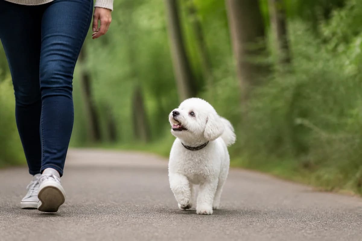 Bichon frisé observé pendant une sortie adaptée à son gabarit