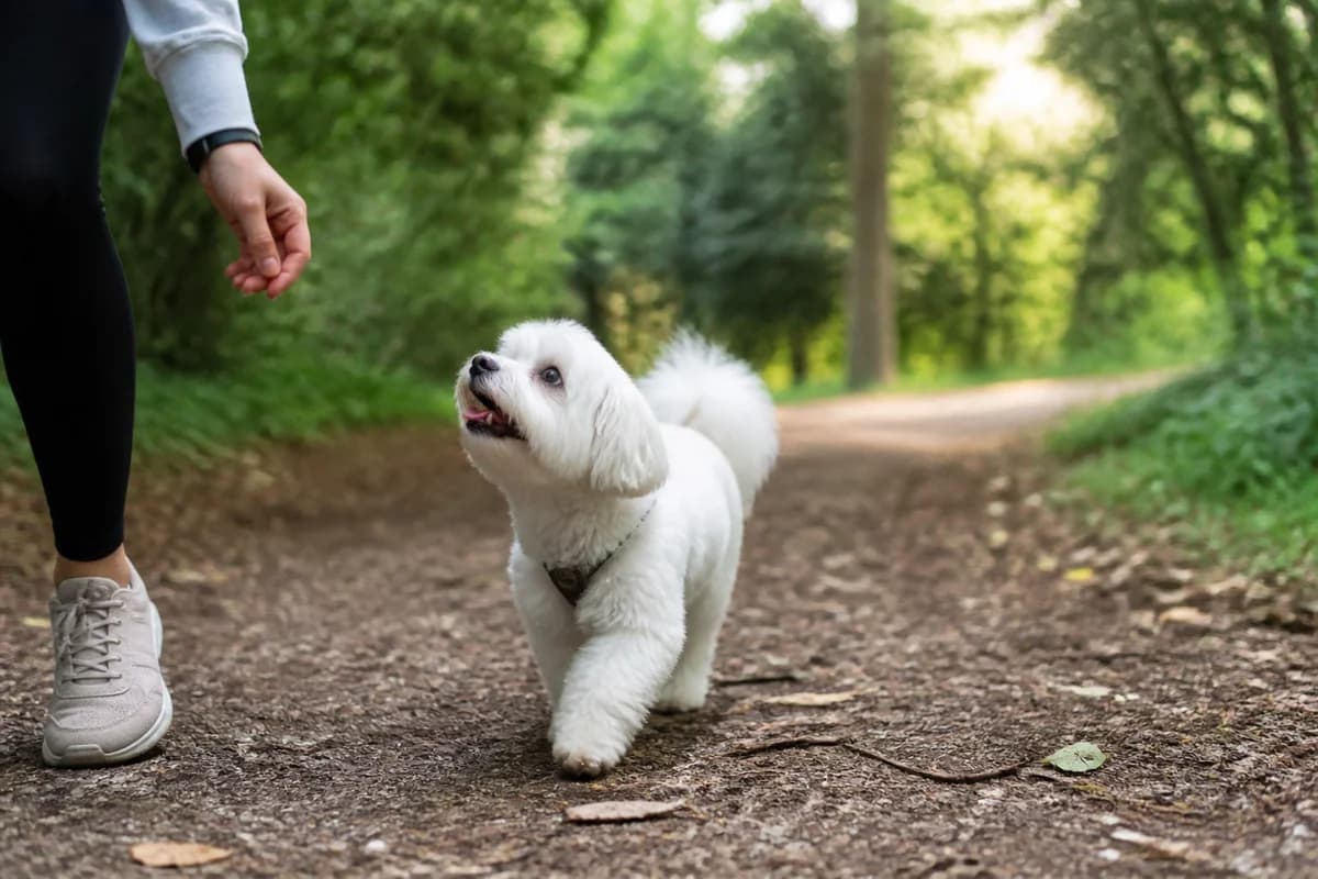 Bichon maltais observé pendant une sortie adaptée à son gabarit