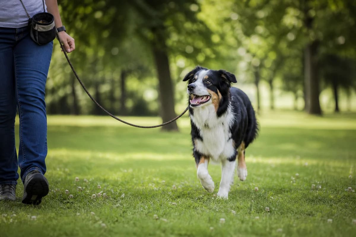 Border Aussie (Border collie × Berger australien) observé pendant une sortie adaptée à son gabarit