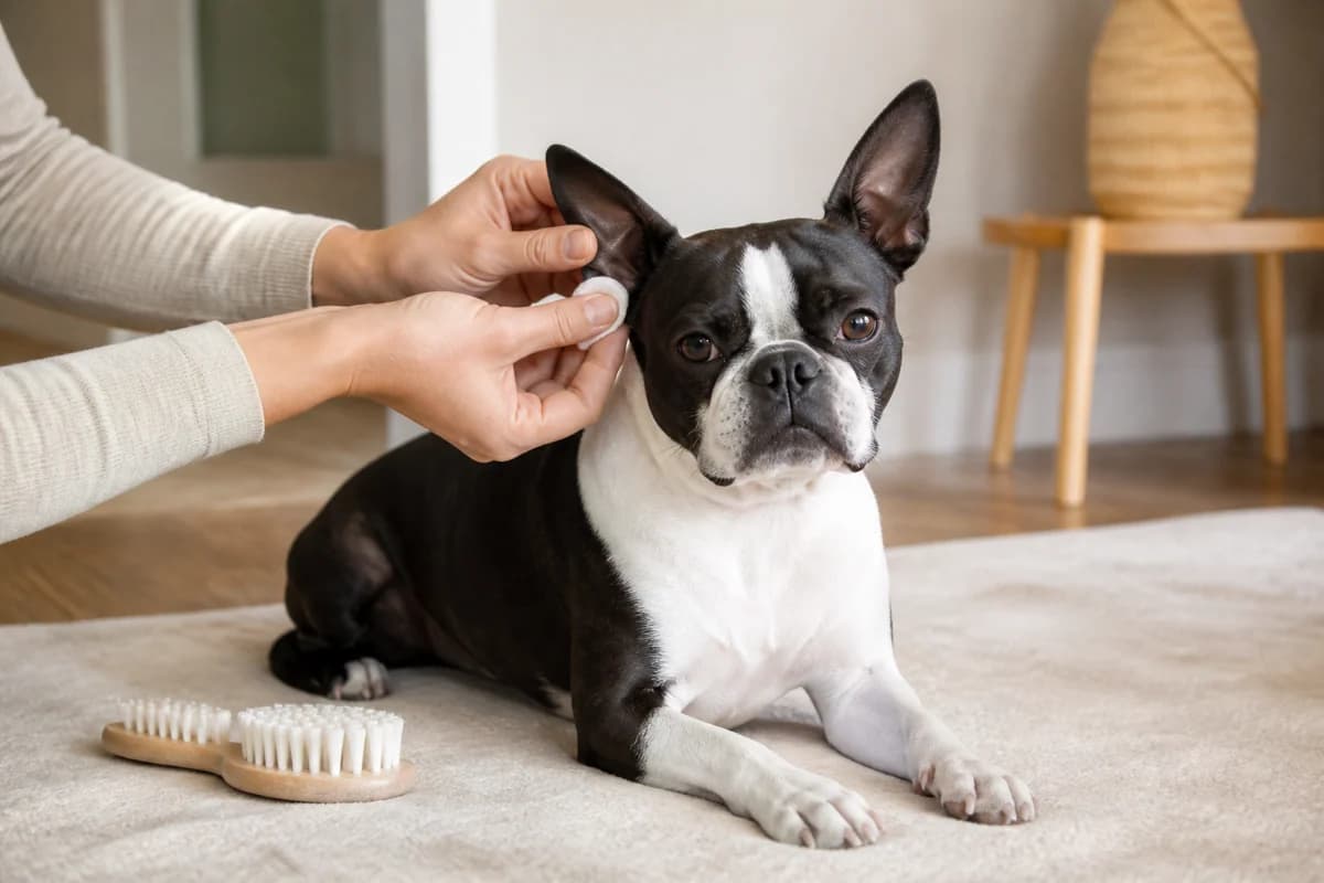 Portrait rapproché d’un boston terrier pour illustrer le pelage et les soins courants