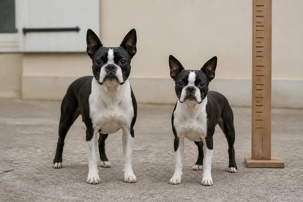 Boston terrier adulte, vue de la silhouette et du gabarit