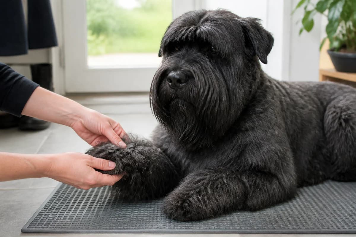 Portrait rapproché d’un bouvier des flandres pour illustrer le pelage et les soins courants