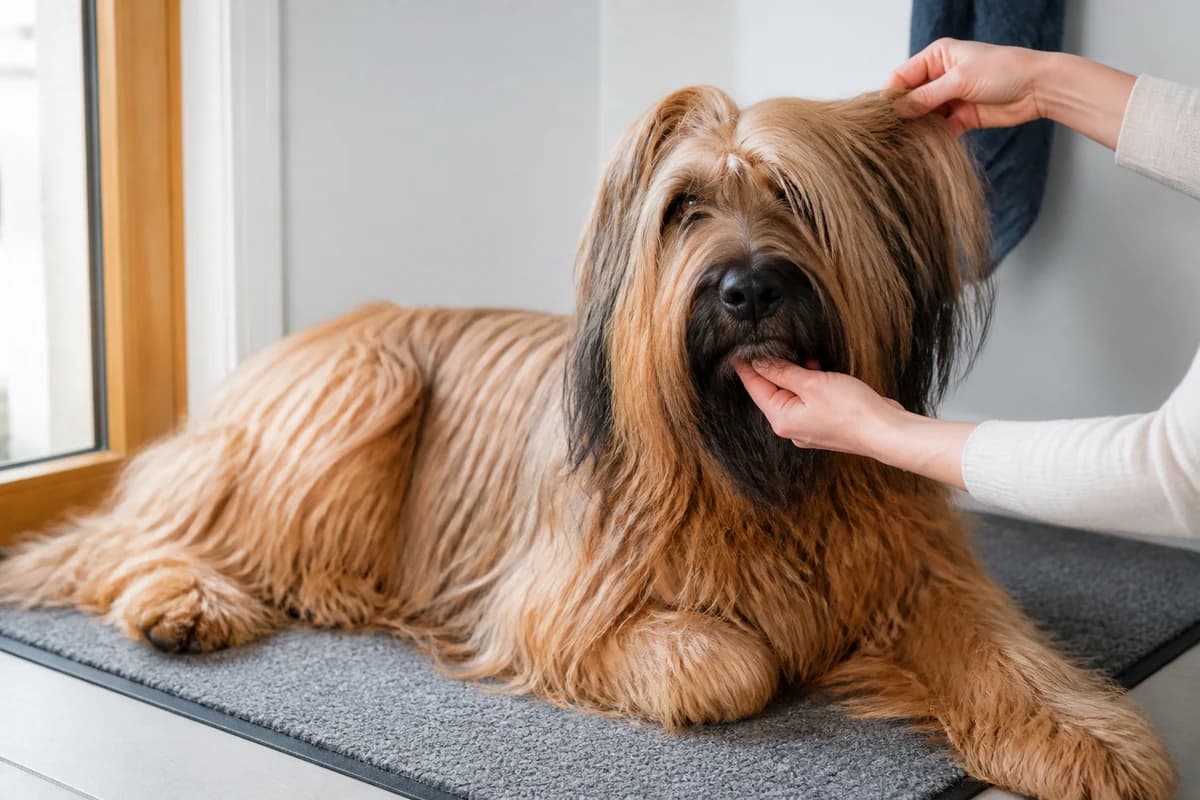 Portrait rapproché d’un briard pour illustrer le pelage et les soins courants