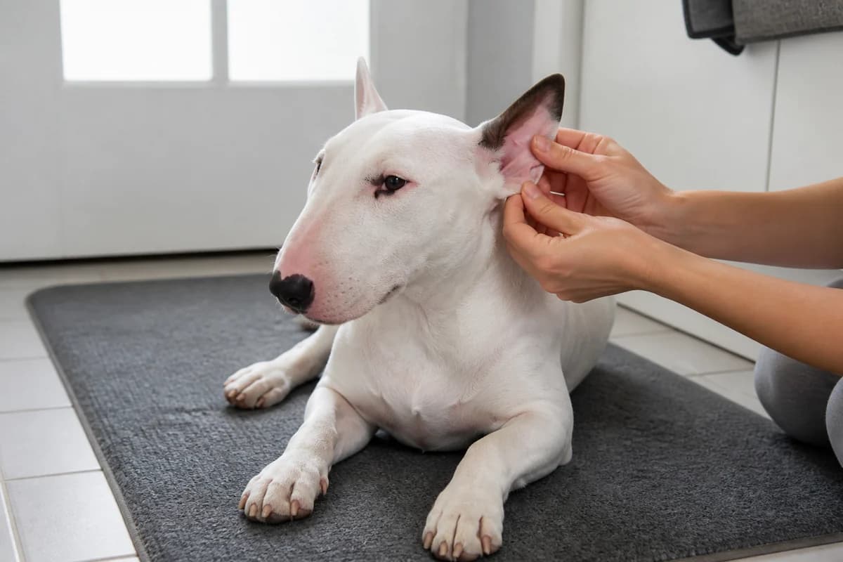 Portrait rapproché d’un bull terrier pour illustrer le pelage et les soins courants