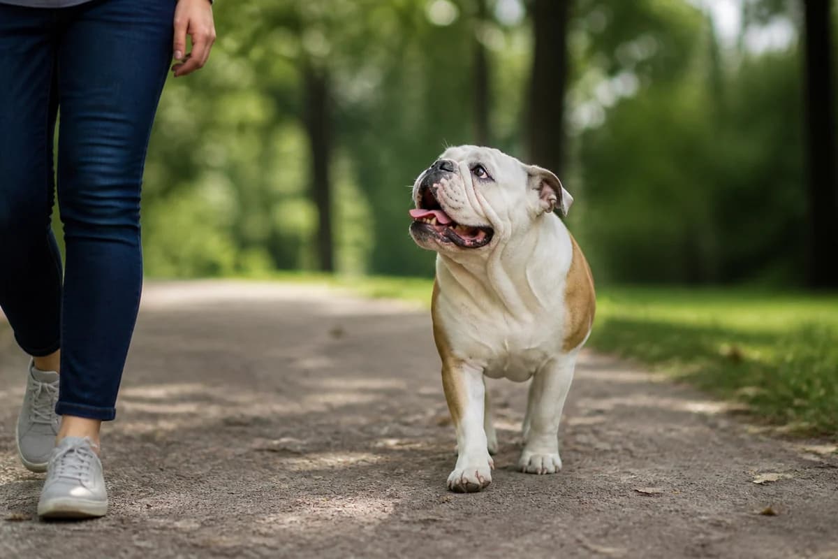 Bulldog anglais observé pendant une sortie adaptée à son gabarit