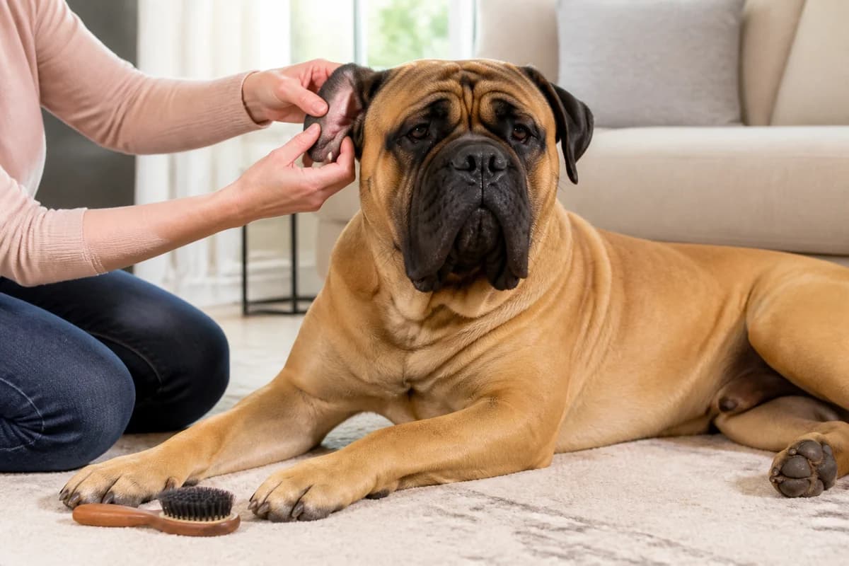 Portrait rapproché d’un bullmastiff pour illustrer le pelage et les soins courants