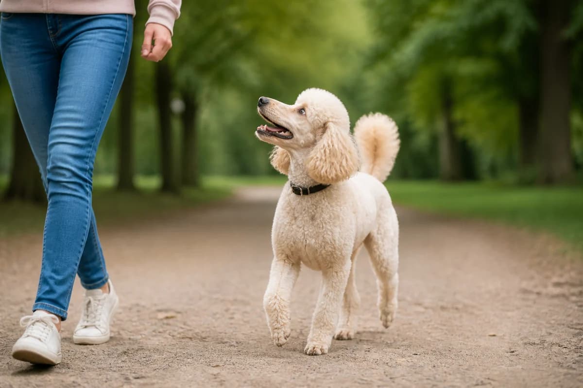 Caniche moyen observé pendant une sortie adaptée à son gabarit