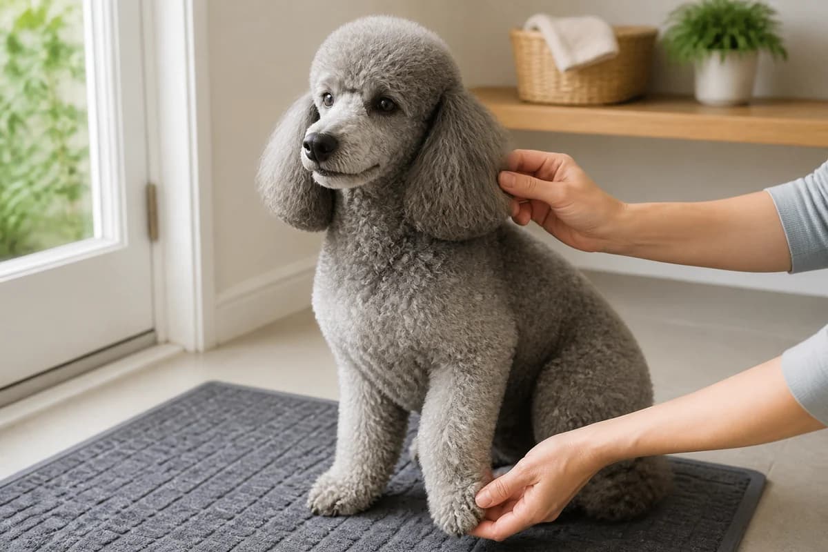 Portrait rapproché d’un caniche moyen pour illustrer le pelage et les soins courants