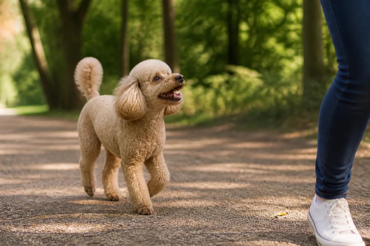 Caniche nain observé pendant une sortie adaptée à son gabarit