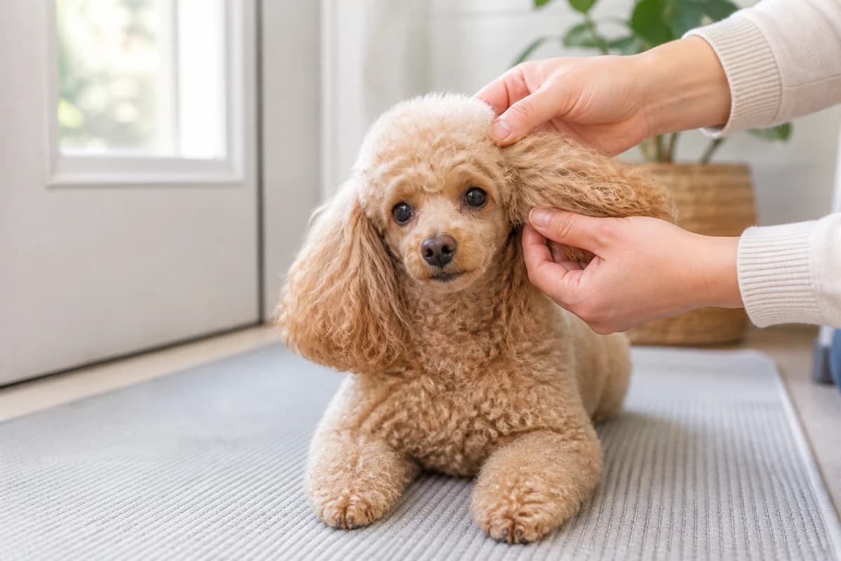 Portrait rapproché d’un caniche nain pour illustrer le pelage et les soins courants