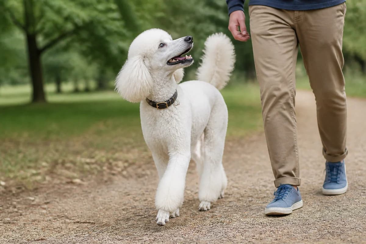 Caniche royal observé pendant une sortie adaptée à son gabarit