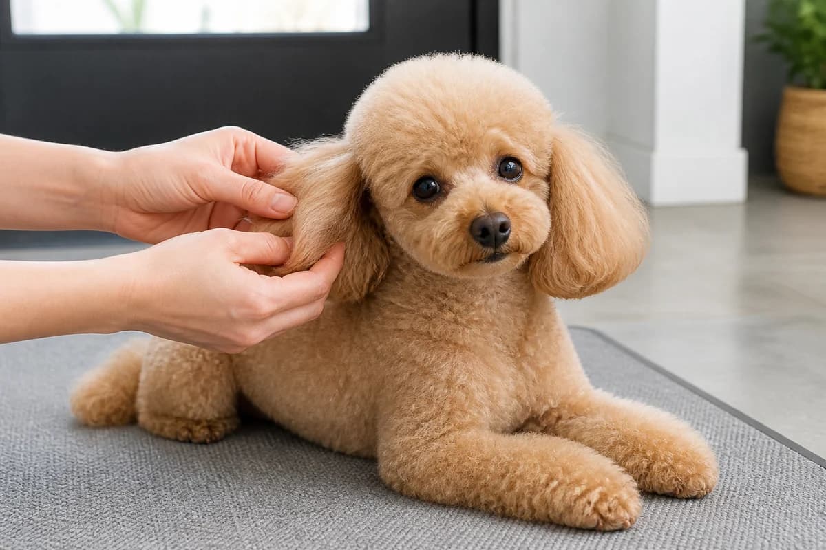 Portrait rapproché d’un caniche toy pour illustrer le pelage et les soins courants