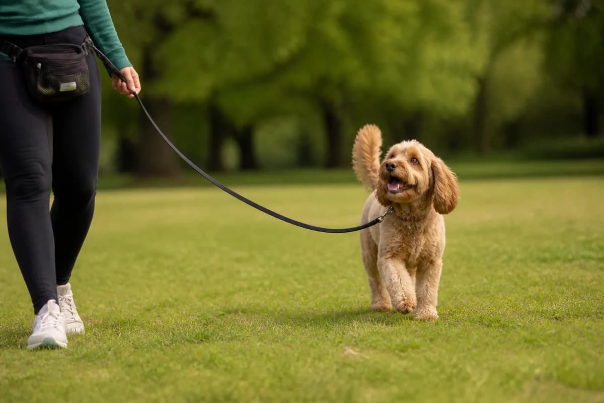 Cavapoo (Cavalier × Caniche) observé pendant une sortie adaptée à son gabarit