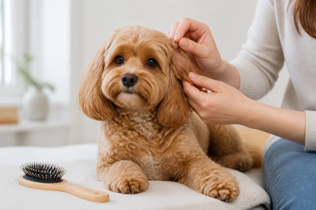 Portrait rapproché d’un cavapoo (cavalier × caniche) pour illustrer le pelage et les soins courants