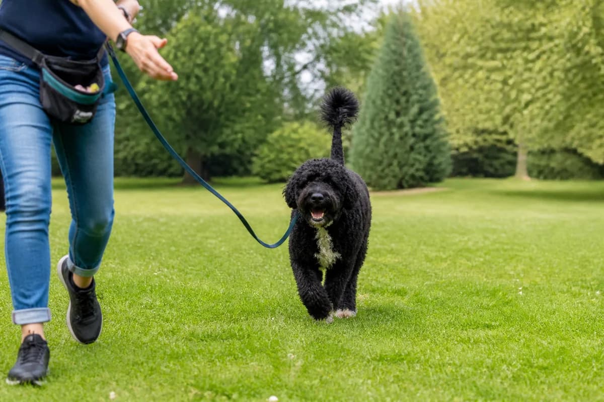 Chien d’eau portugais observé pendant une sortie adaptée à son gabarit
