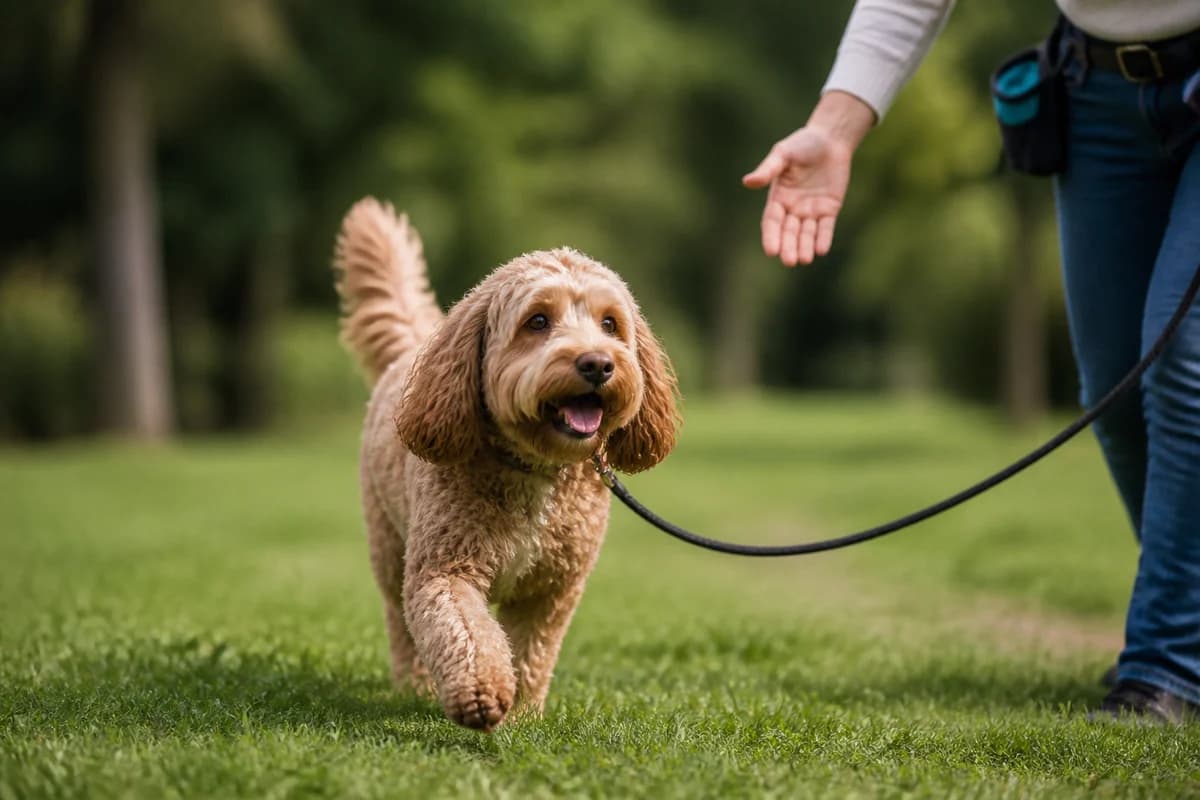 Cockapoo (Cocker × Caniche) observé pendant une sortie adaptée à son gabarit