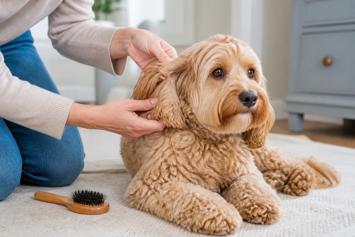 Portrait rapproché d’un cockapoo (cocker × caniche) pour illustrer le pelage et les soins courants