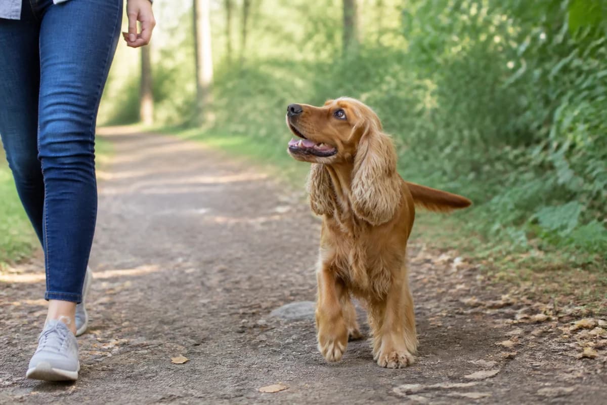 Cocker spaniel anglais observé pendant une sortie adaptée à son gabarit